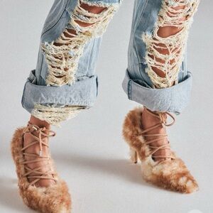 Faux Fur Lace-Up Flats - Tan